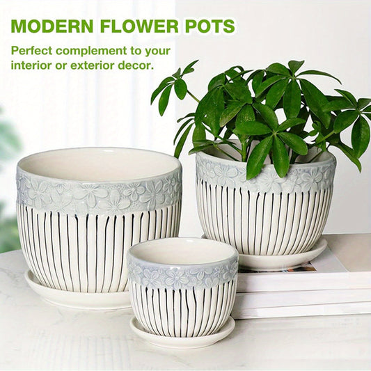 Ceramic Plant Pots Set of 3, 6. 75\u002F 5. 6\u002F 4. 2 inch Planters with Drainage Holes and Saucer, Flower Pot Outdoor Indoor, Modern Decorative Planters for House Plants Garden Planters Succulent Pots