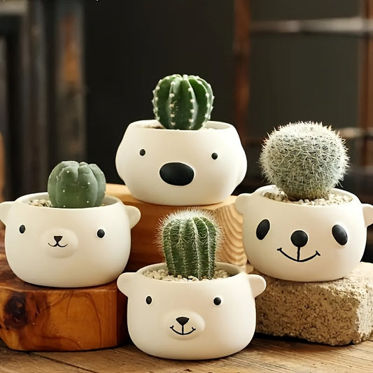 4 Cute Animal Ceramic Flowerpots with Drainage Holes - Retro Cartoon Bear Succulent Plants, Indoor And Outdoor Home Desktop Decorations, Smooth Design